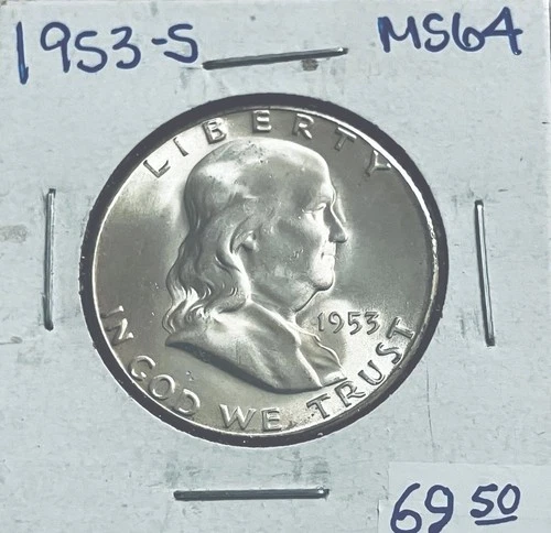 1953-S Franklin Half Dollar, Beautiful Solid Gem BU++