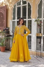 Stylish Faux Blooming Georgette Yellow Gown With Dupatta For Function Wear