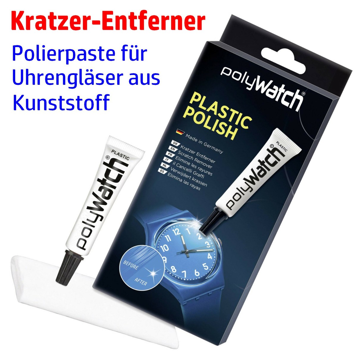 POLYWATCH Kratzer-Entferner für SWATCH Uhren Glas, Set: Tube mit  Poliertuch