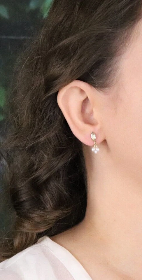 14k Yellow Gold Natural Pearl & Leaf Earrings Dangle Drop - Image 4 of 4