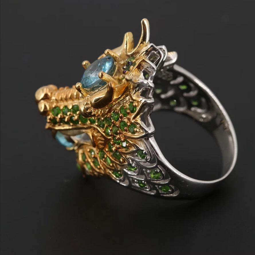 INUSUAL Circón Azul • Rubí • Diópsido Cromo Esterlina con ANILLO DRAGÓN Lavado en Oro Foto 3 de 4