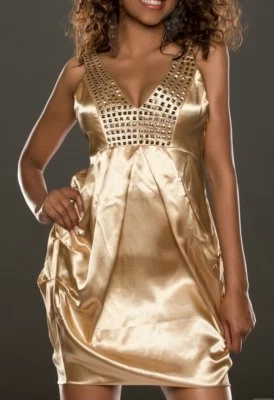 SeXy Miss Damen Glitzer Nieten Satin Mini Kleid Girly Trend Dress 34/36/38 gold - Bild 1 von 3