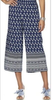 NWT 2 Pair Curations Printed-Border Cropped Palazzo Pant Sz Large- Navy/White