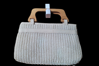 Vtg MCI Wooden Handle Woven Straw Raffia Clutch Purse Bag BOHO Cream Gypsy 80's