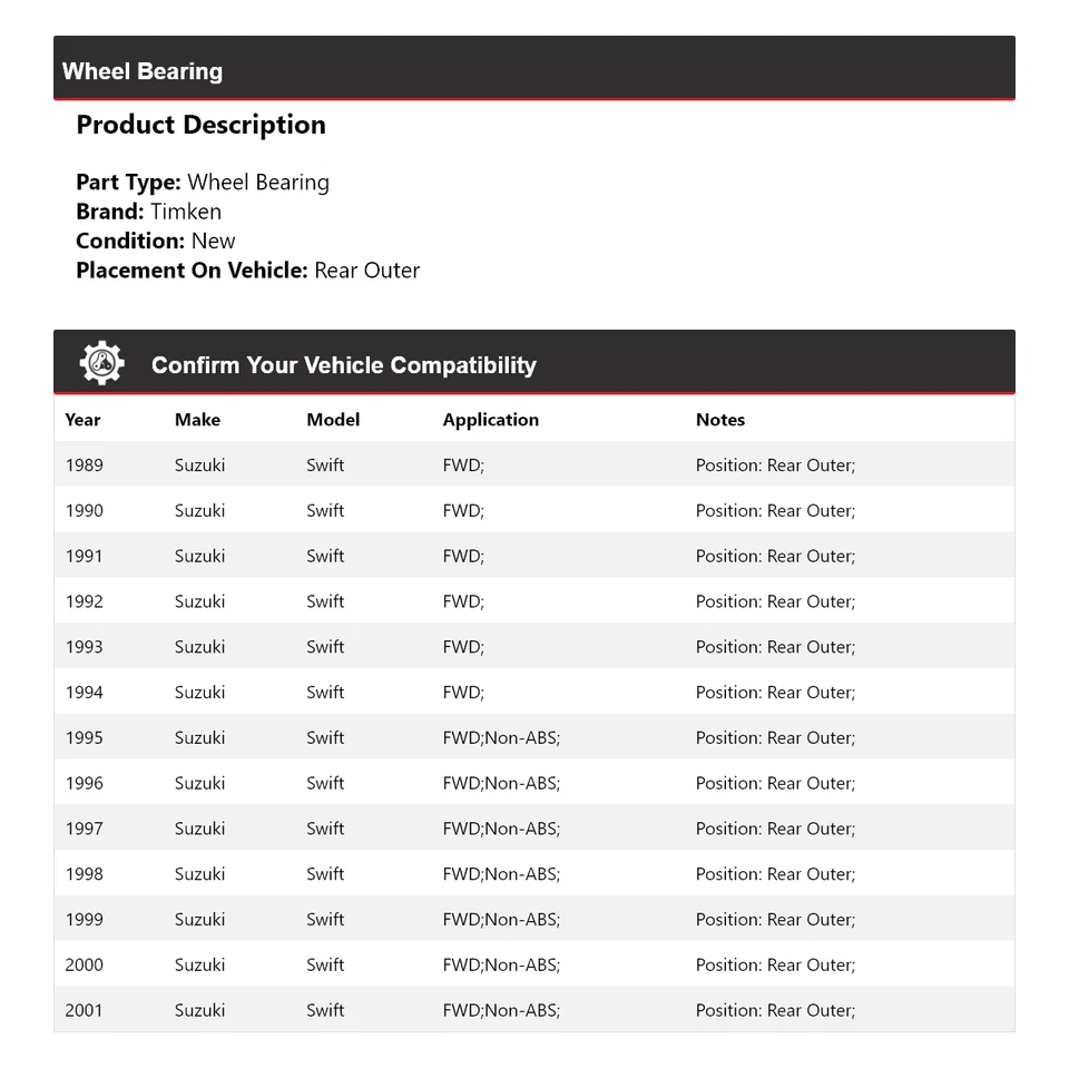 For 1989-2001 Suzuki Swift FWD Wheel Bearing Rear Outer Timken 1990 1991 1992 - Image 2 of 4