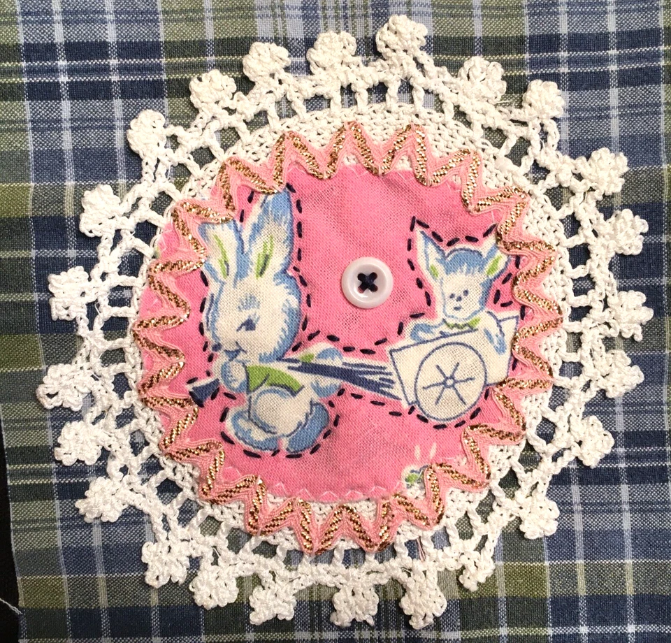 Bunny Rabbit Patch Upcycled Shabby Cottagecore Vtg Retro Fabric Handmade Doily - Image 3 of 4