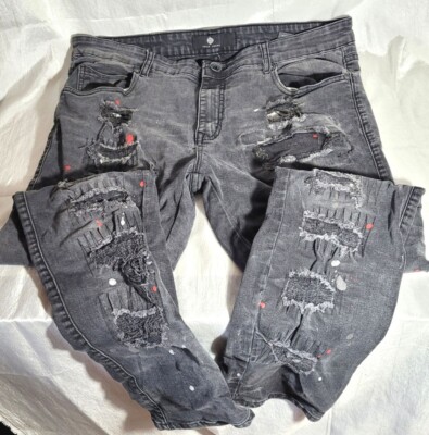 Focus Biker Ripped Distressed Paint Splatter Men's Jeans Black