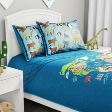 Twin XL World Map Comforter Set 2 Pillow Shams with Animals Kids Bedding