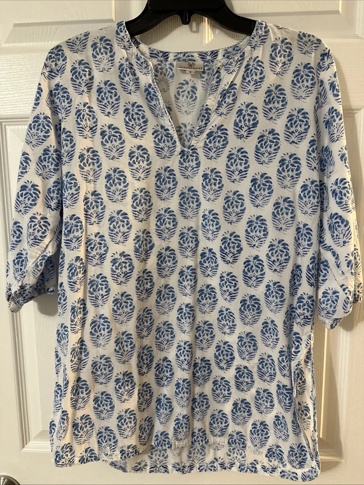 Conjunto de salón de pijama para mujer Anokhi talla S algodón azul blanco estampado túnica pantalones Foto 2 de 4