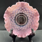 Vtg Fenton Cranberry & White Opalescent Ruffled Edge Hobnail Glass Candy Dish 6"