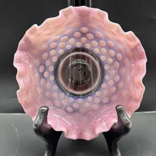 Vtg Fenton Cranberry & White Opalescent Ruffled Edge Hobnail Glass Candy Dish 6"