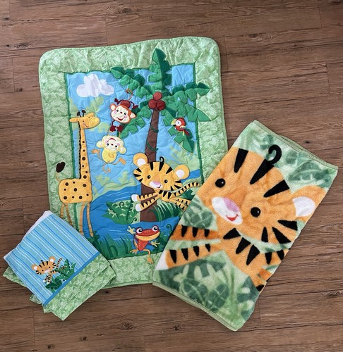 Vintage Fisher Price Baby Crib Bedding Set Blankets Jungle Animals Tiger Safari