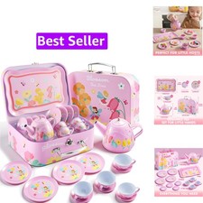 Fairy Blossom Tea Party Set for Little Girls, Pretend Tin Teapot Set