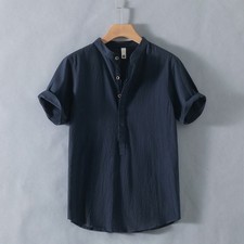 Summer Men's Cotton Chinese T-shirt Casual Loose Linen Shirt Short Sleeve Shirts