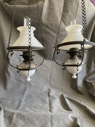 Rare Pair Youngs Duplex Victorian Hanging Oil Lamps