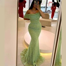 Custom Green Sequins Off The Shoulder Prom Dress Backless Floor-Length vestidos