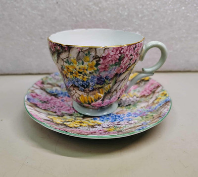 Vintage Shelley England  Bone China Mint Green Rock Garden Chintz Tea Cup Saucer