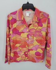 Coldwater Creek Top Womens PM Colorful Watercolor Linen Button Up Artsy Blouse