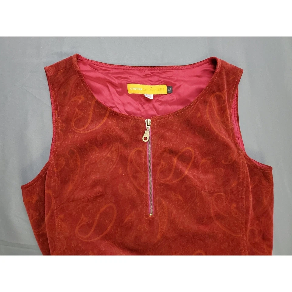VTG Cynthia Steffe Dress Womens 12 Knee Length Belted Lined Velour Paisley Red - Image 2 of 4