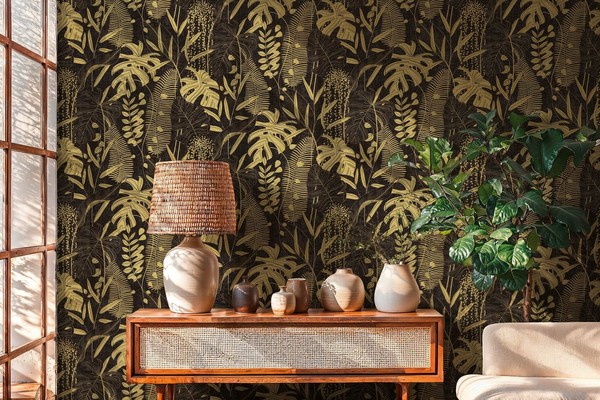 Vliestapete BläTter Dschungel Tropisch Schwarz Gold Metallic 79164-3 (3,35€/1Qm)-image