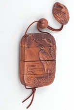 Antique Japanese Netsuke Carved Inro Crane Case Box Signed Meiji Era