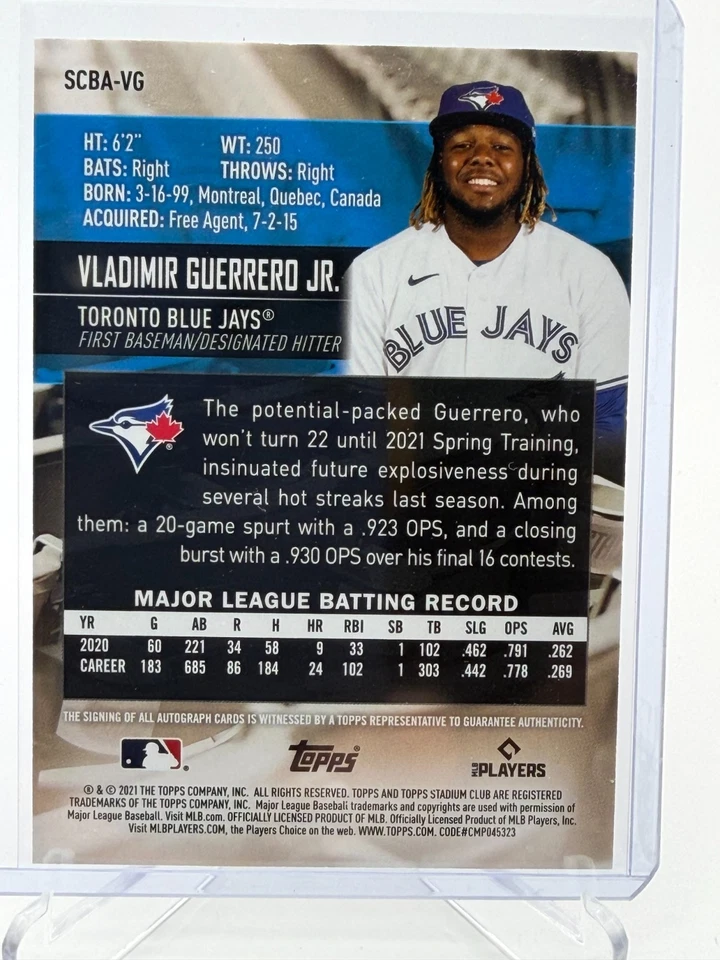 2021 Topps Stadium Club Autographs Vladimir Guerrero Jr. #SCBA-VG Blue Jays Auto - Image 2 of 2
