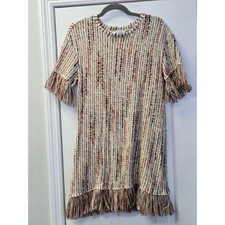 Zara Trafaluc Womens Small Striped Knit Fringe Shift Dress Orange Navy Cream