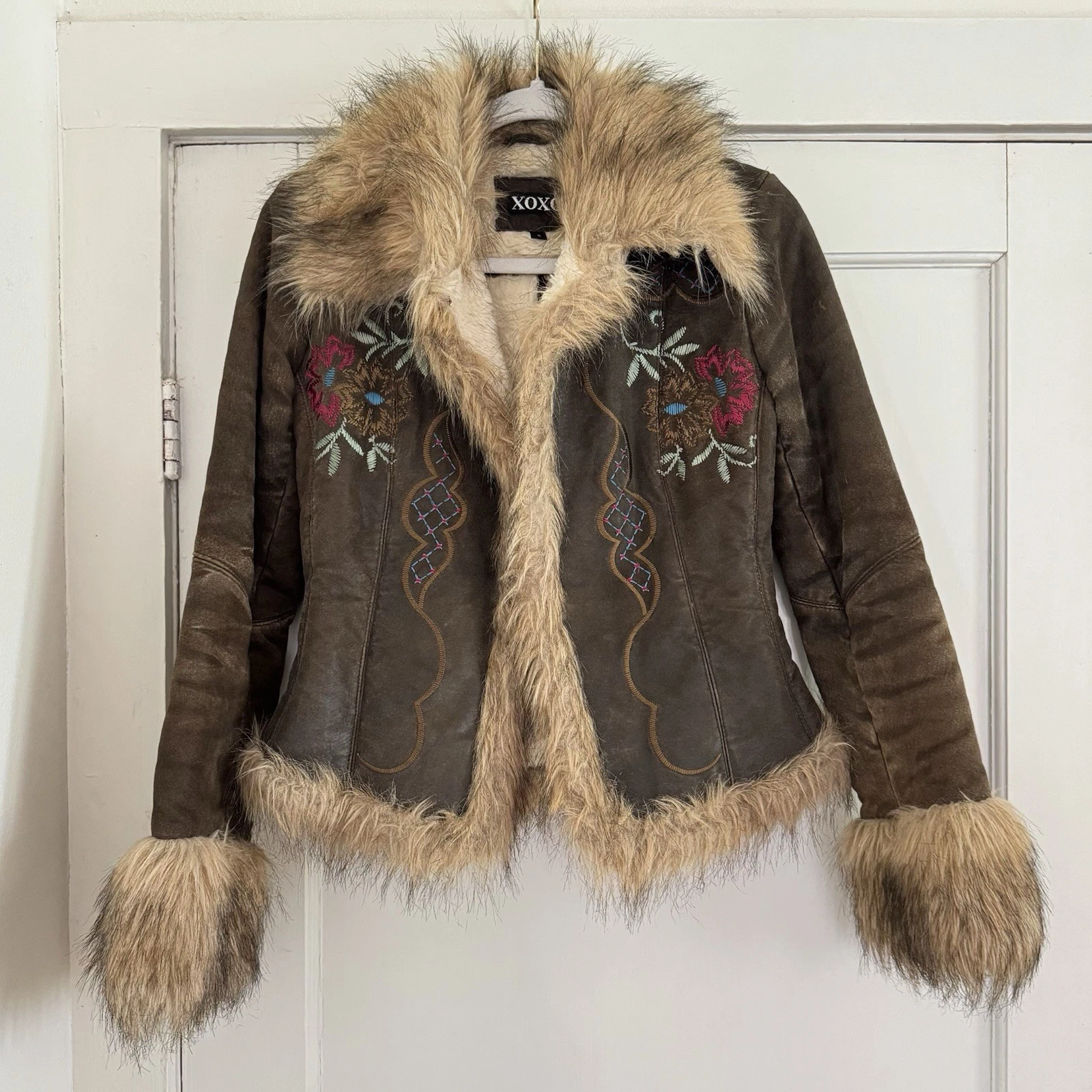 VTG XOXO Women Size Small Leather Faux Fur Jacket Y2K Floral RARE CUTE Boho