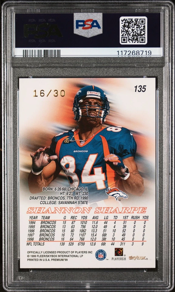 1999 SKYBOX PREM SHINING STAR RUBIES #135 SHANNON SHARPE 16/30 PSA 7 - Image 2 of 2