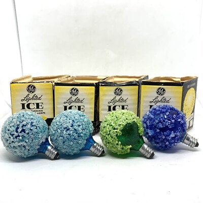 4-VINTAGE GE Lighted Ice Sugar Christmas Light Bulb Blue Green Original Box NOS