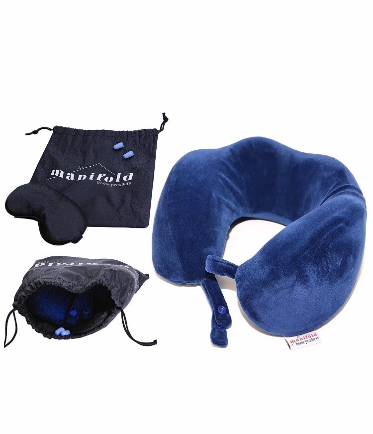 Memory Foam Travel Pillow with Eye Mask and Earplugs for Car Office and Airplane-image