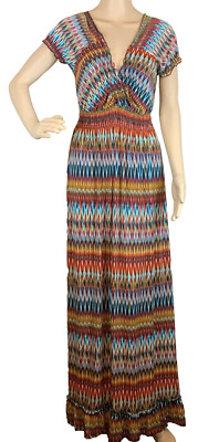 Just Funky Maxi Dress Size Small Colorful Psychedelic Wrap Neck Elastic Waist