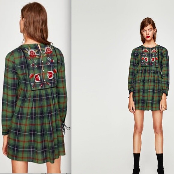 Zara CHECKED DRESS WITH FLORAL EMBROIDERY-green-size M-ref 7521/309-NWT