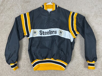 Vintage DeLong Warm Up Jacket Mens Large Zip USA NFL Pittsburgh Steelers Black