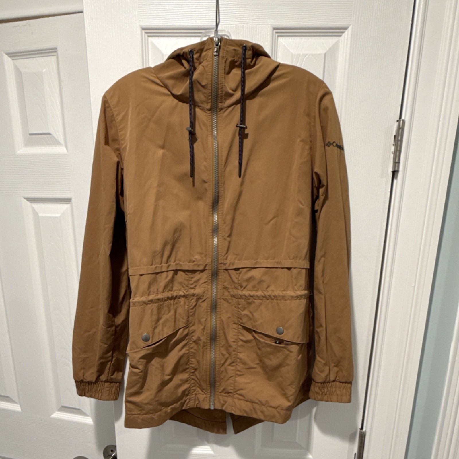 Columbia Brown Hooded Rain Jacket multiple Pockets womens Size M