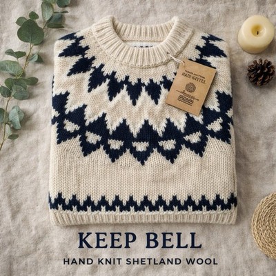 NWT Keep Bell Wool Hand Knit Cream Black Fisherman Sweater Fair Isle Nordic Sz M