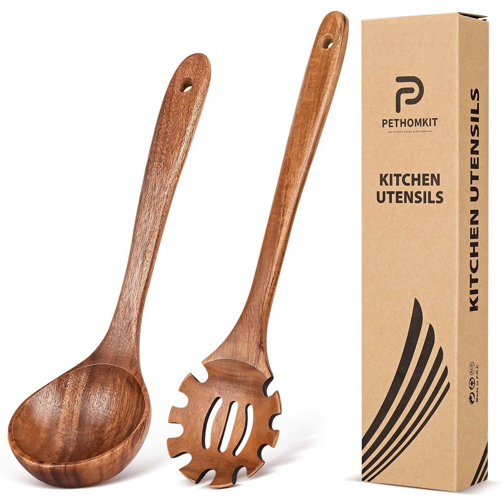 Wooden Spoons for Cooking,2 Pcs Wooden Utensil Set of Soup Ladle &Spaghetti Past