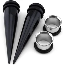 9Mm Ear Stretching Kit - 2 Black Acrylic Tapers & 2 Steel Tunnels (4 Pieces)