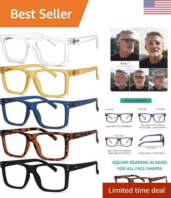 5-Pack Oversized Square Reading Glasses +1.50 Magnification for All-day Comfort