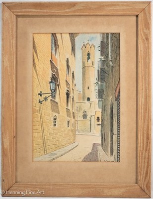 Beautiful Vintage Painting Barcelona Spain Gothic Quarter Tower, Signed & Fine