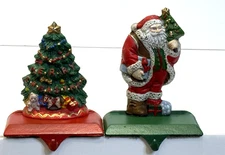 Vintage Lot of 2 Cast Iron SANTA CLAUSE & CHRISTMAS TREE Stocking Holder