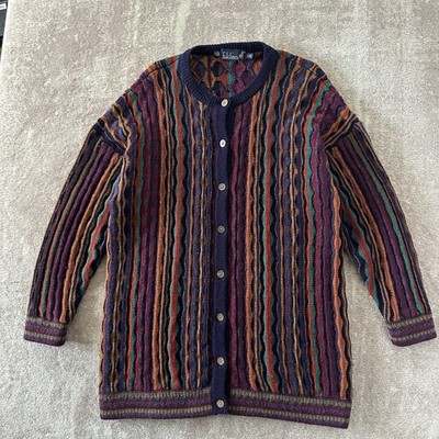 Tulchan Vintage Coogi Style Long Knitted Multicolor Wave Cardigan Wolle L/XL