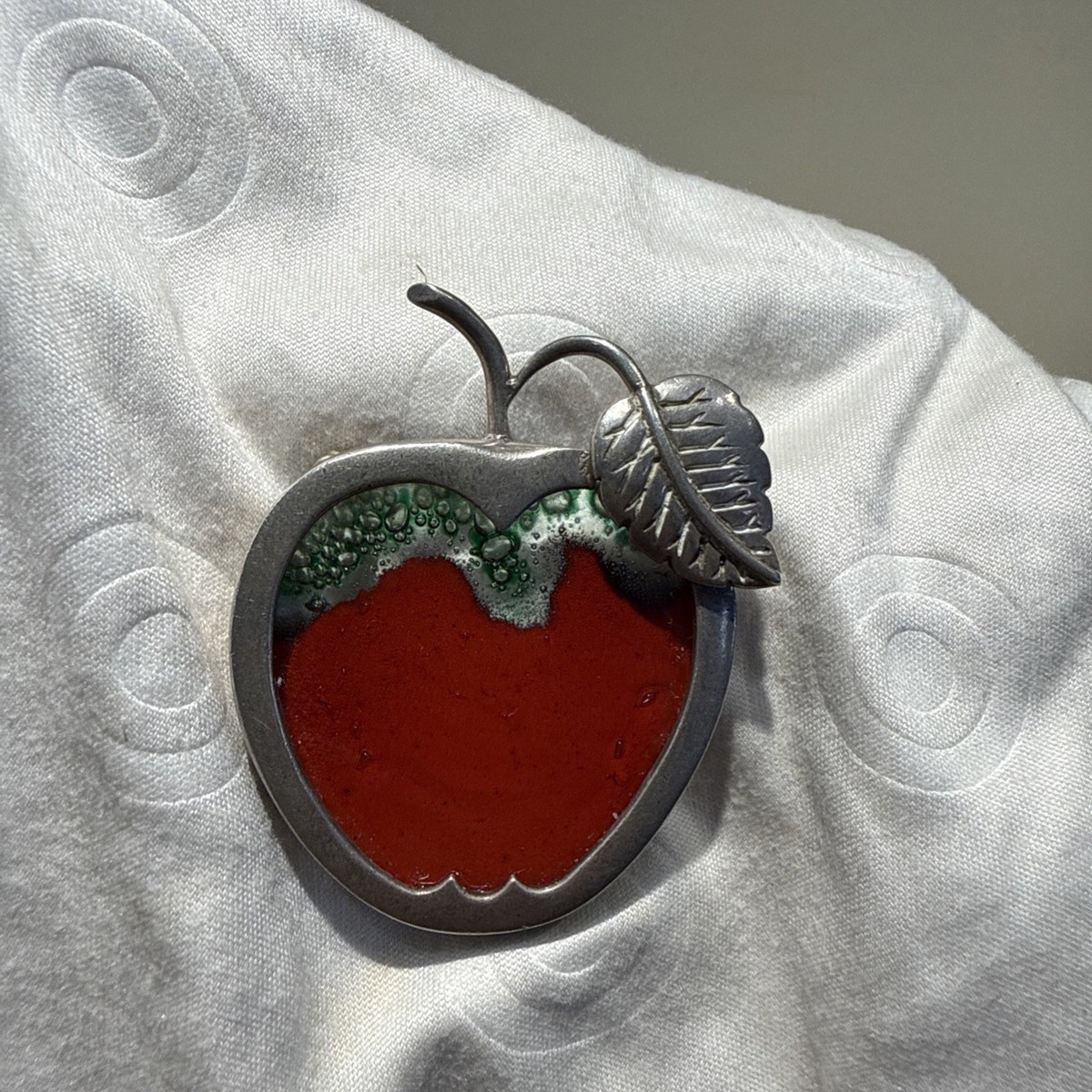 Modernist Vintage Original 925 Sterling And Glass Apple Design Brooch