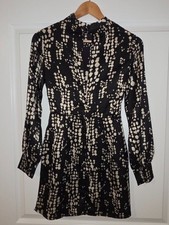 MNG Mango Cole Black Cream Abstract Print Long Sleeve Mini Dress XS NWT