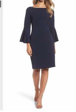 Vince Camuto Sheath Dress 10 Navy Blue 3/4 Bell Tulip Sleeve Old Money Classic