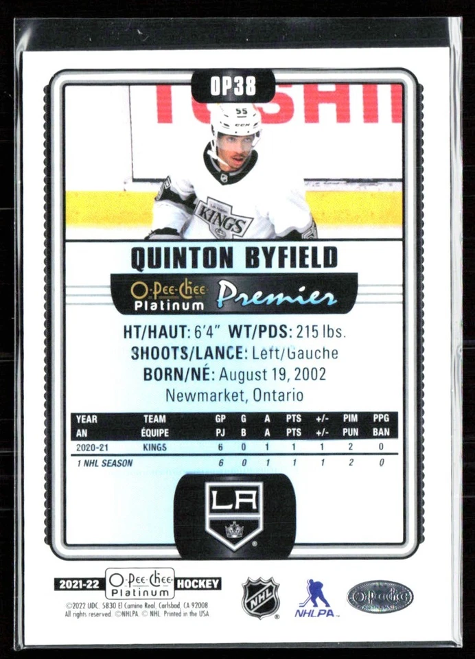 Quinton Byfield 2021-22 O-Pee-Chee Platinum Premier RC #OP38 Los Angeles Kings - Image 2 of 2