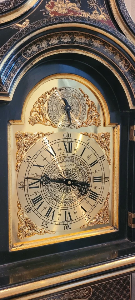 Chinoiserie Reguladora Laca Negra Reloj Abuelo Ridgeway Ave Marie Raro Foto 3 de 4