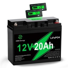 12V 20Ah LiFePO4 Rechargeable Battery with LCD Meter, 5000 Deep Cycle 12 vol...