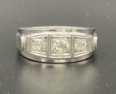 Vintage 18K White Gold Men's 3 Stone Old Mine Cut Diamond Ring 1.08ct Sz12
