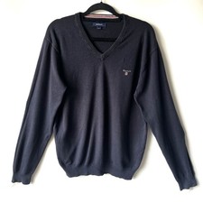 VTG Gant Wool Cotton Embroidered Sweater Mens L Navy Blue Classic V Neck Preppy